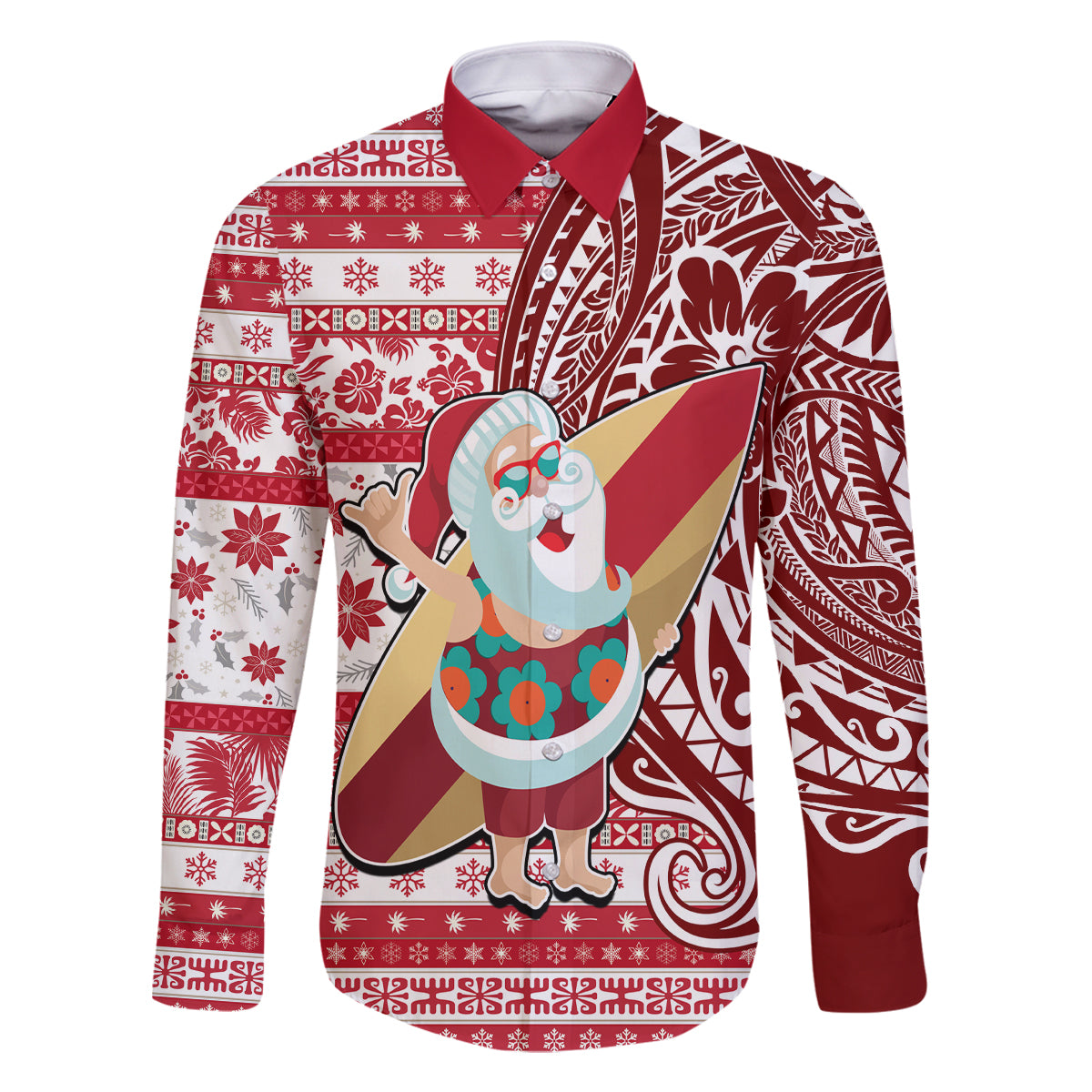 Custom Hawaii Mele Kalikimaka Family Matching Tank Maxi Dress and Hawaiian Shirt Santa Claus Surfing with Hawaiian Pattern Striped Red Style LT03 Dad's Shirt - Long Sleeve Red - Polynesian Pride