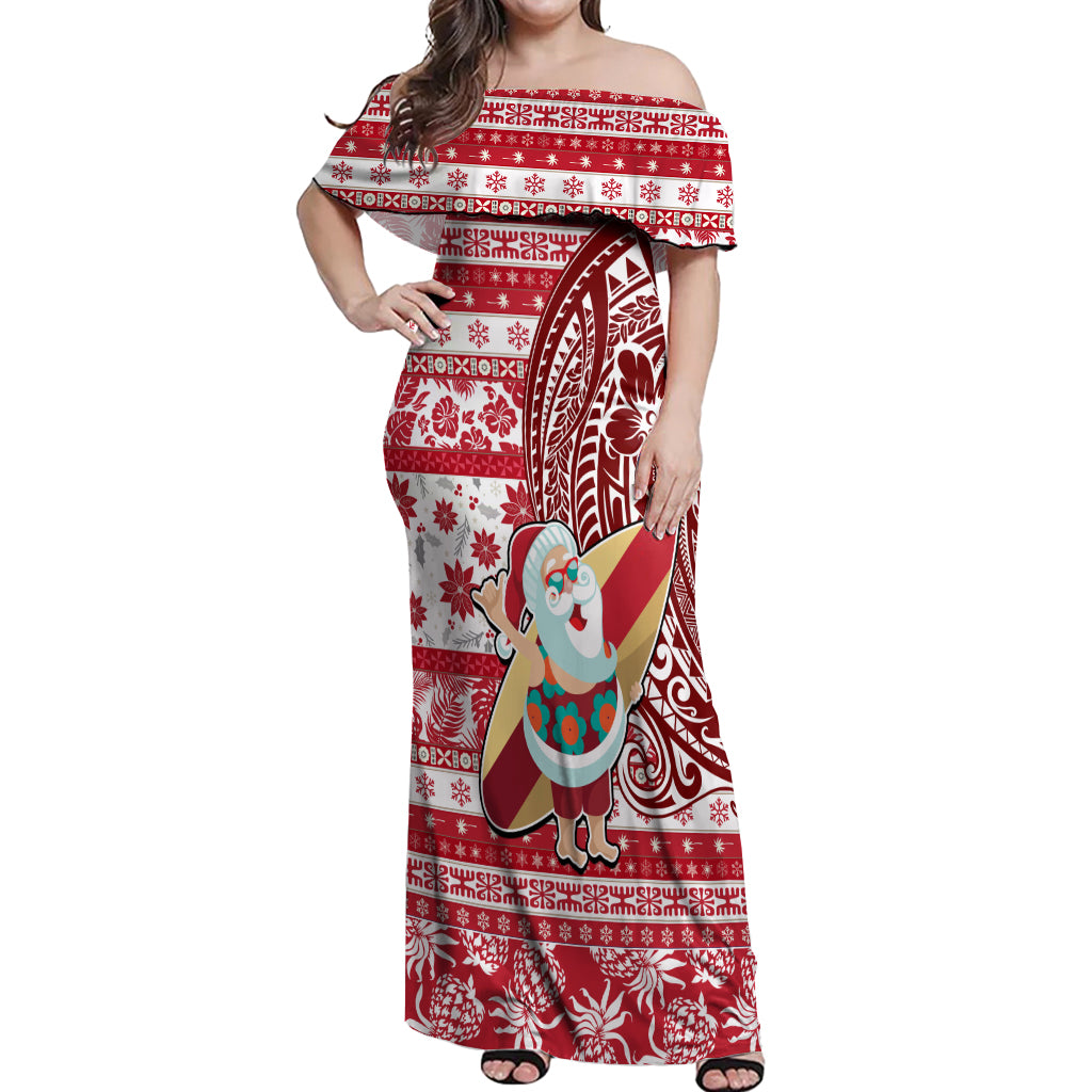 Custom Hawaii Mele Kalikimaka Off Shoulder Maxi Dress Santa Claus Surfing with Hawaiian Pattern Striped Red Style LT03 Women Red - Polynesian Pride