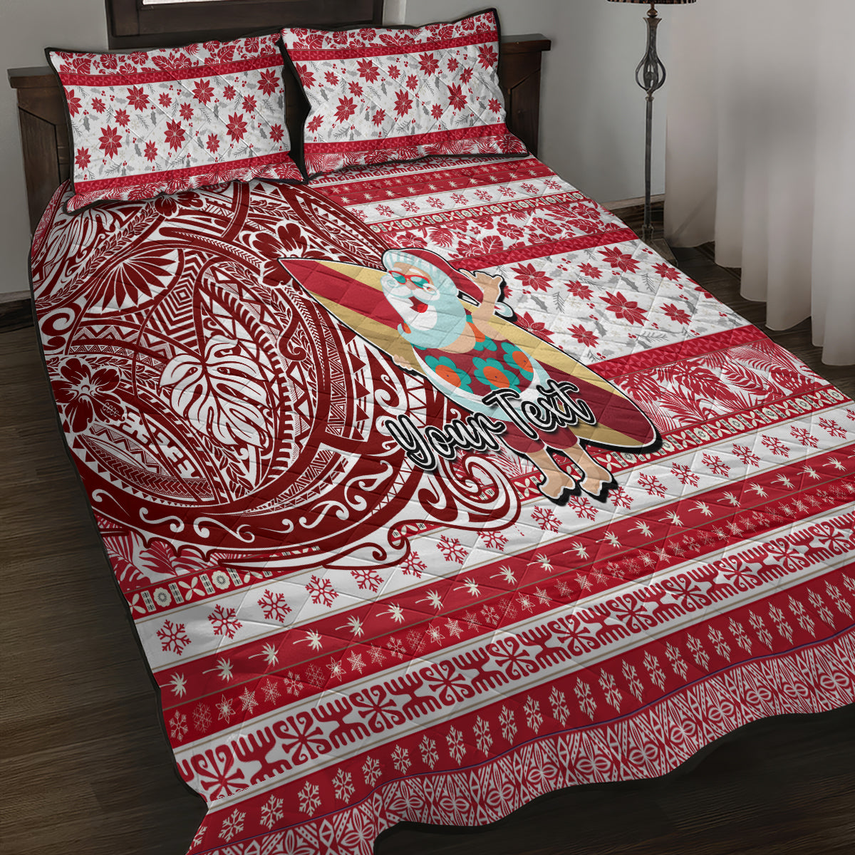 Custom Hawaii Mele Kalikimaka Quilt Bed Set Santa Claus Surfing with Hawaiian Pattern Striped Red Style LT03 - Polynesian Pride