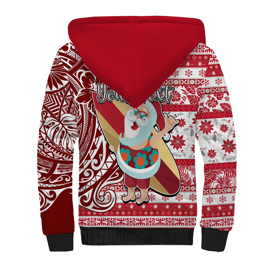 Custom Hawaii Mele Kalikimaka Sherpa Hoodie Santa Claus Surfing with Hawaiian Pattern Striped Red Style LT03 - Polynesian Pride