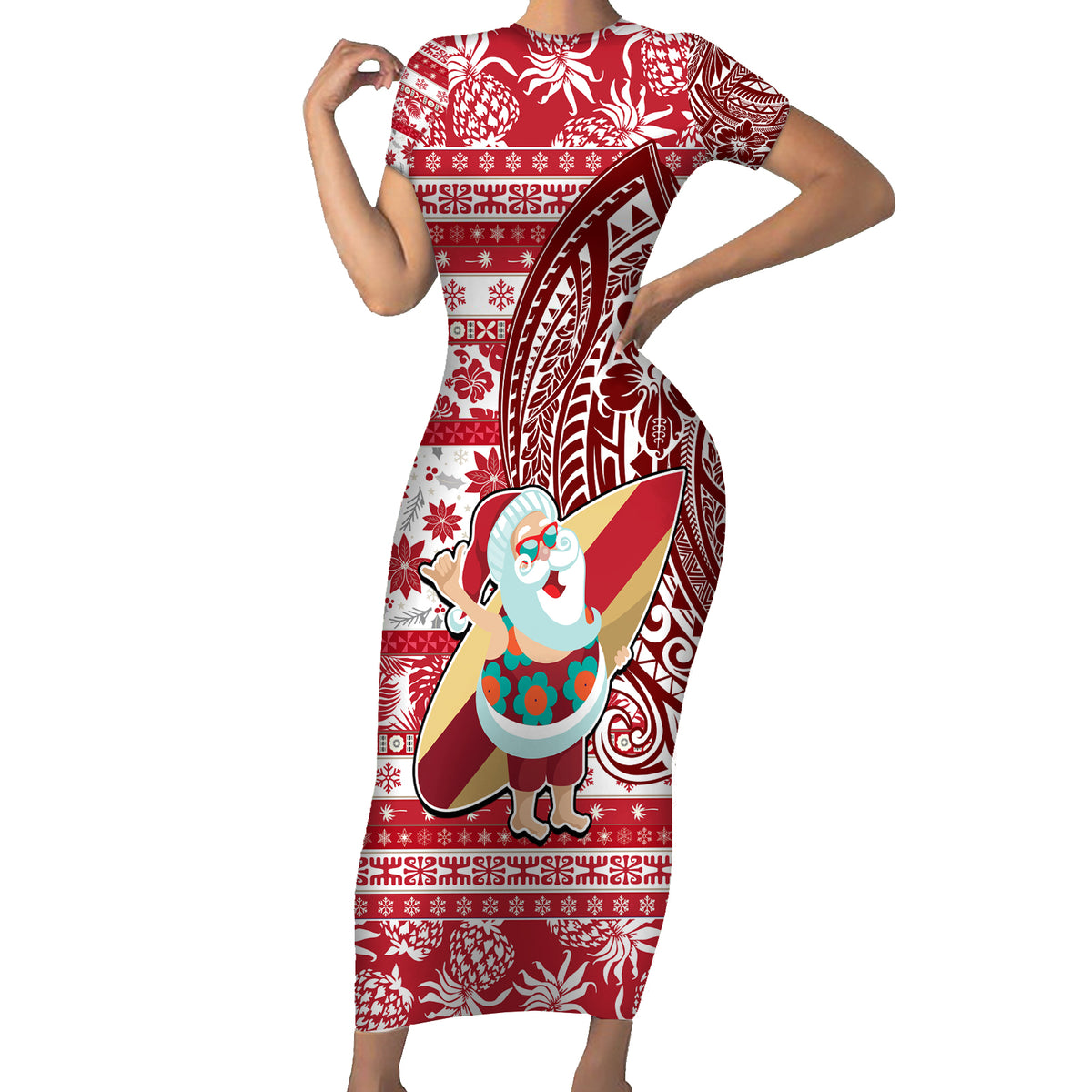 Custom Hawaii Mele Kalikimaka Short Sleeve Bodycon Dress Santa Claus Surfing with Hawaiian Pattern Striped Red Style LT03 Long Dress Red - Polynesian Pride