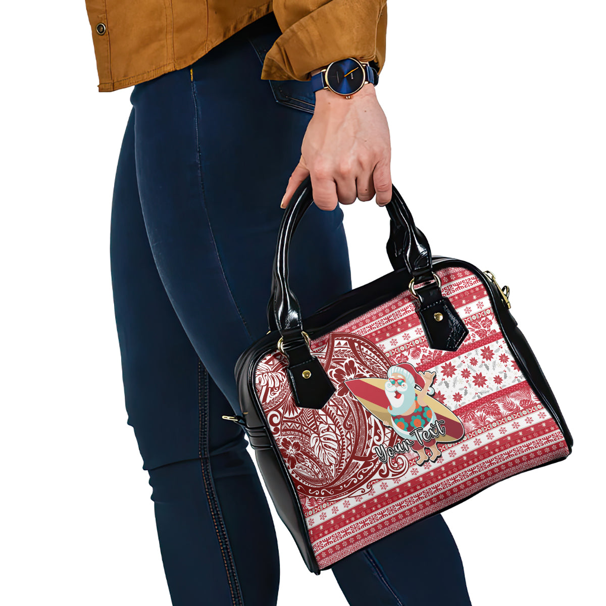 Custom Hawaii Mele Kalikimaka Shoulder Handbag Santa Claus Surfing with Hawaiian Pattern Striped Red Style LT03 - Polynesian Pride