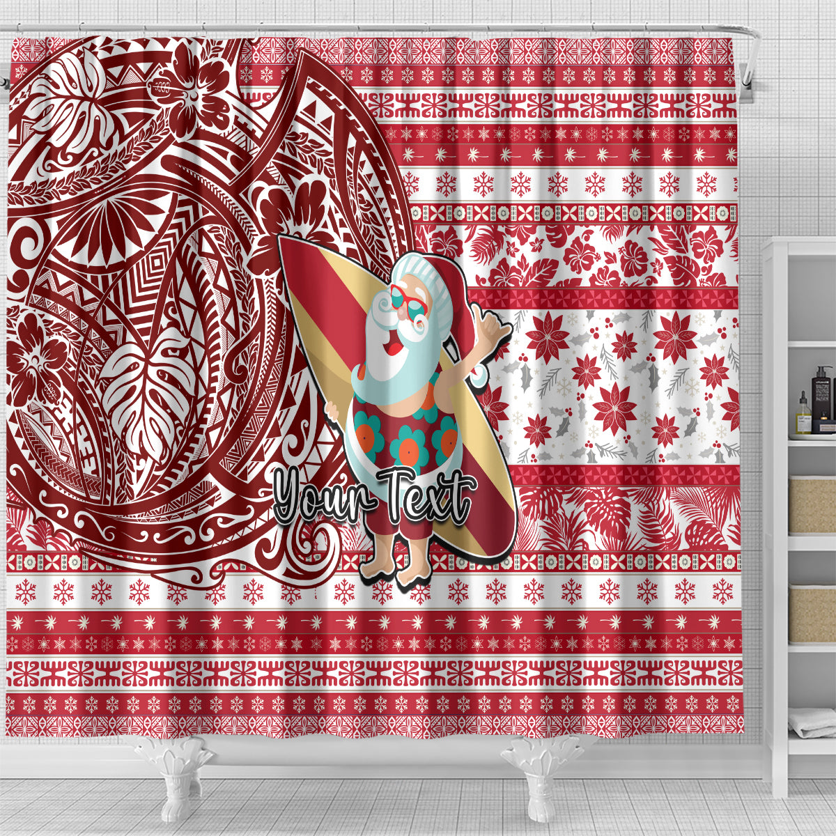 Custom Hawaii Mele Kalikimaka Shower Curtain Santa Claus Surfing with Hawaiian Pattern Striped Red Style LT03 - Polynesian Pride