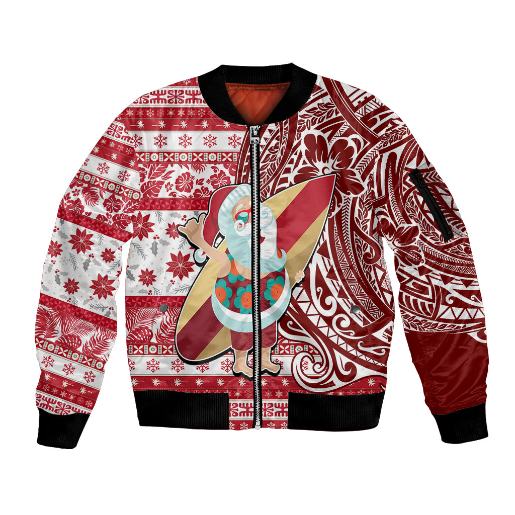 Custom Hawaii Mele Kalikimaka Sleeve Zip Bomber Jacket Santa Claus Surfing with Hawaiian Pattern Striped Red Style LT03 Unisex Red - Polynesian Pride