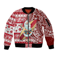 Custom Hawaii Mele Kalikimaka Sleeve Zip Bomber Jacket Santa Claus Surfing with Hawaiian Pattern Striped Red Style LT03 Unisex Red - Polynesian Pride