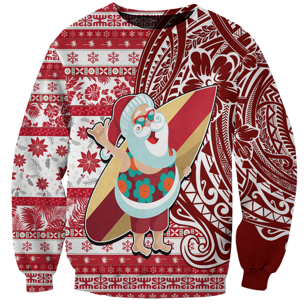 Custom Hawaii Mele Kalikimaka Sweatshirt Santa Claus Surfing with Hawaiian Pattern Striped Red Style LT03 Unisex Red - Polynesian Pride