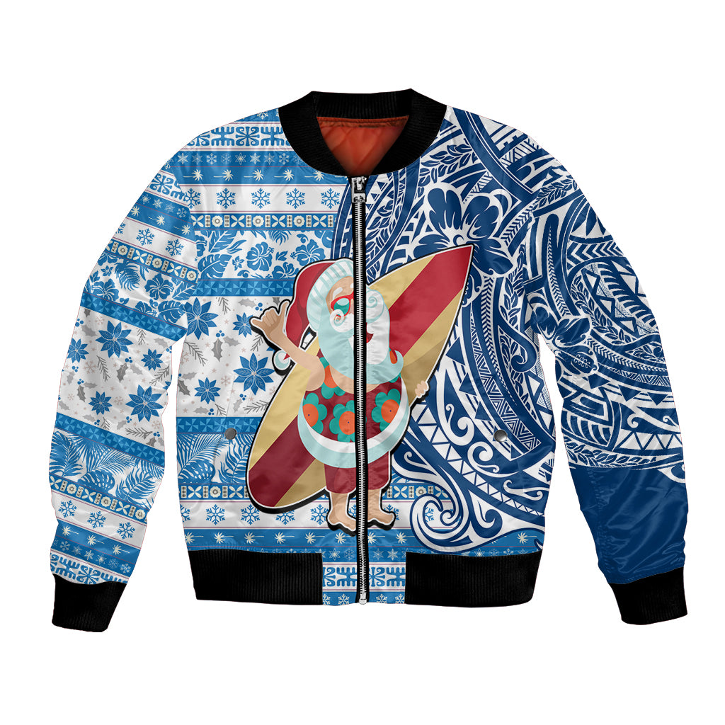 Hawaii Mele Kalikimaka Bomber Jacket Santa Claus Surfing with Hawaiian Pattern Striped Blue Style LT03 Unisex Blue - Polynesian Pride