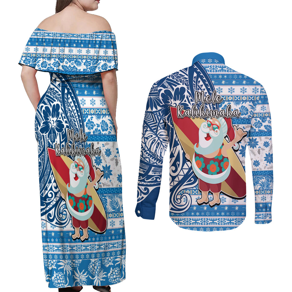 Hawaii Mele Kalikimaka Couples Matching Off Shoulder Maxi Dress and Long Sleeve Button Shirt Santa Claus Surfing with Hawaiian Pattern Striped Blue Style LT03 - Polynesian Pride