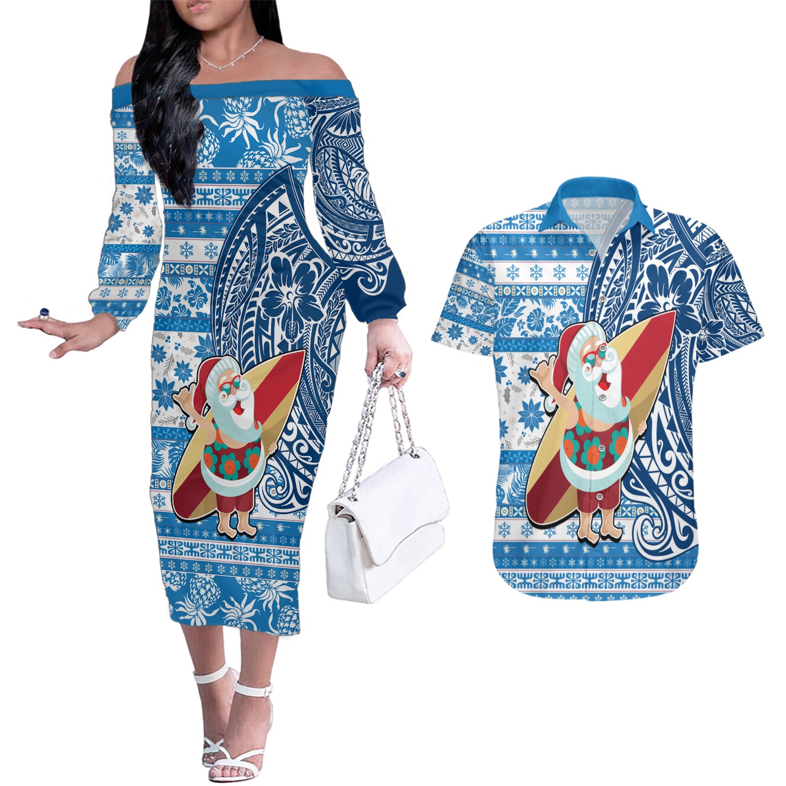 Hawaii Mele Kalikimaka Couples Matching Off The Shoulder Long Sleeve Dress and Hawaiian Shirt Santa Claus Surfing with Hawaiian Pattern Striped Blue Style LT03 Blue - Polynesian Pride
