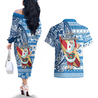 Hawaii Mele Kalikimaka Couples Matching Off The Shoulder Long Sleeve Dress and Hawaiian Shirt Santa Claus Surfing with Hawaiian Pattern Striped Blue Style LT03 - Polynesian Pride