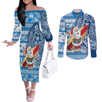 Hawaii Mele Kalikimaka Couples Matching Off The Shoulder Long Sleeve Dress and Long Sleeve Button Shirt Santa Claus Surfing with Hawaiian Pattern Striped Blue Style LT03 Blue - Polynesian Pride