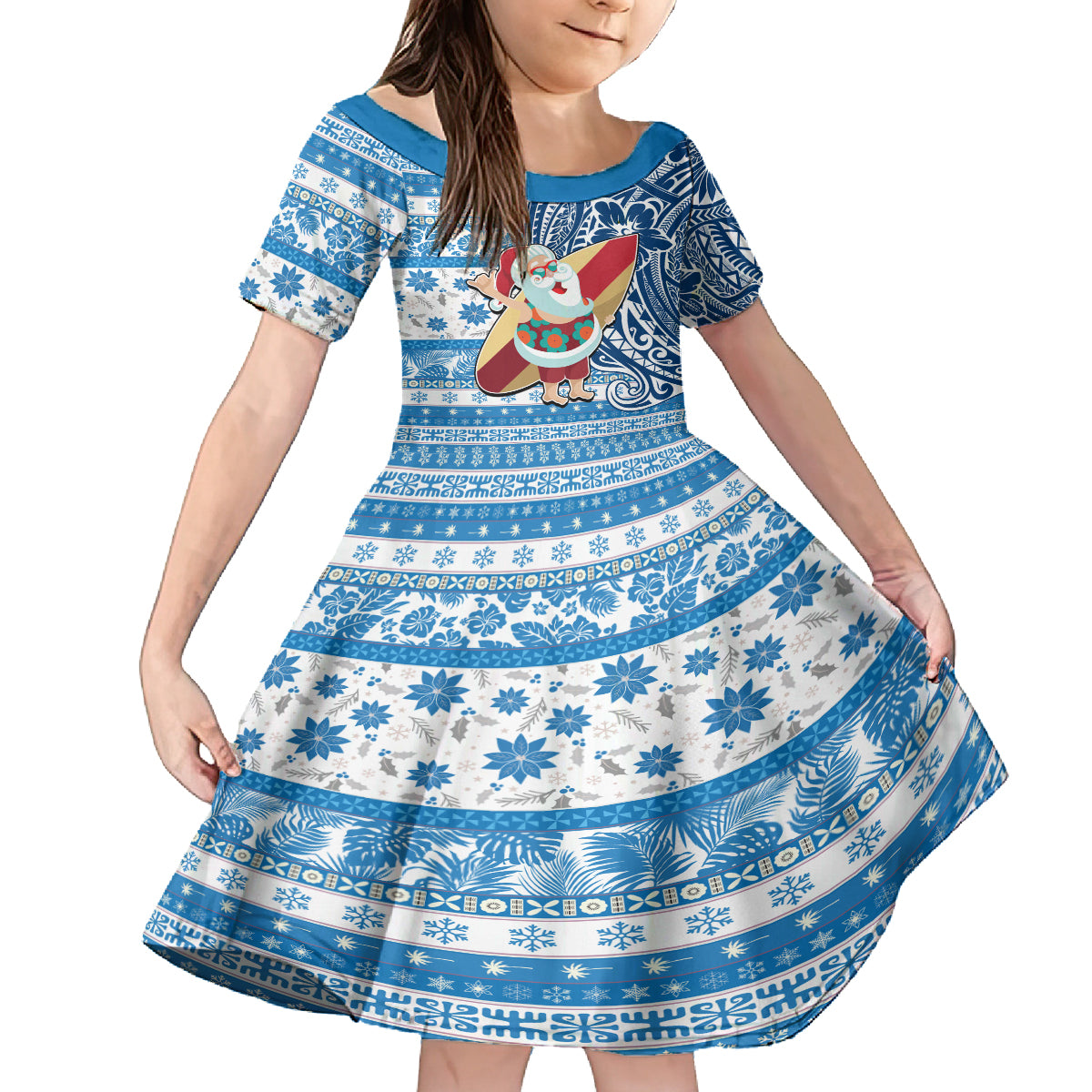 Hawaii Mele Kalikimaka Family Matching Long Sleeve Bodycon Dress and Hawaiian Shirt Santa Claus Surfing with Hawaiian Pattern Striped Blue Style LT03 Daughter's Dress Blue - Polynesian Pride