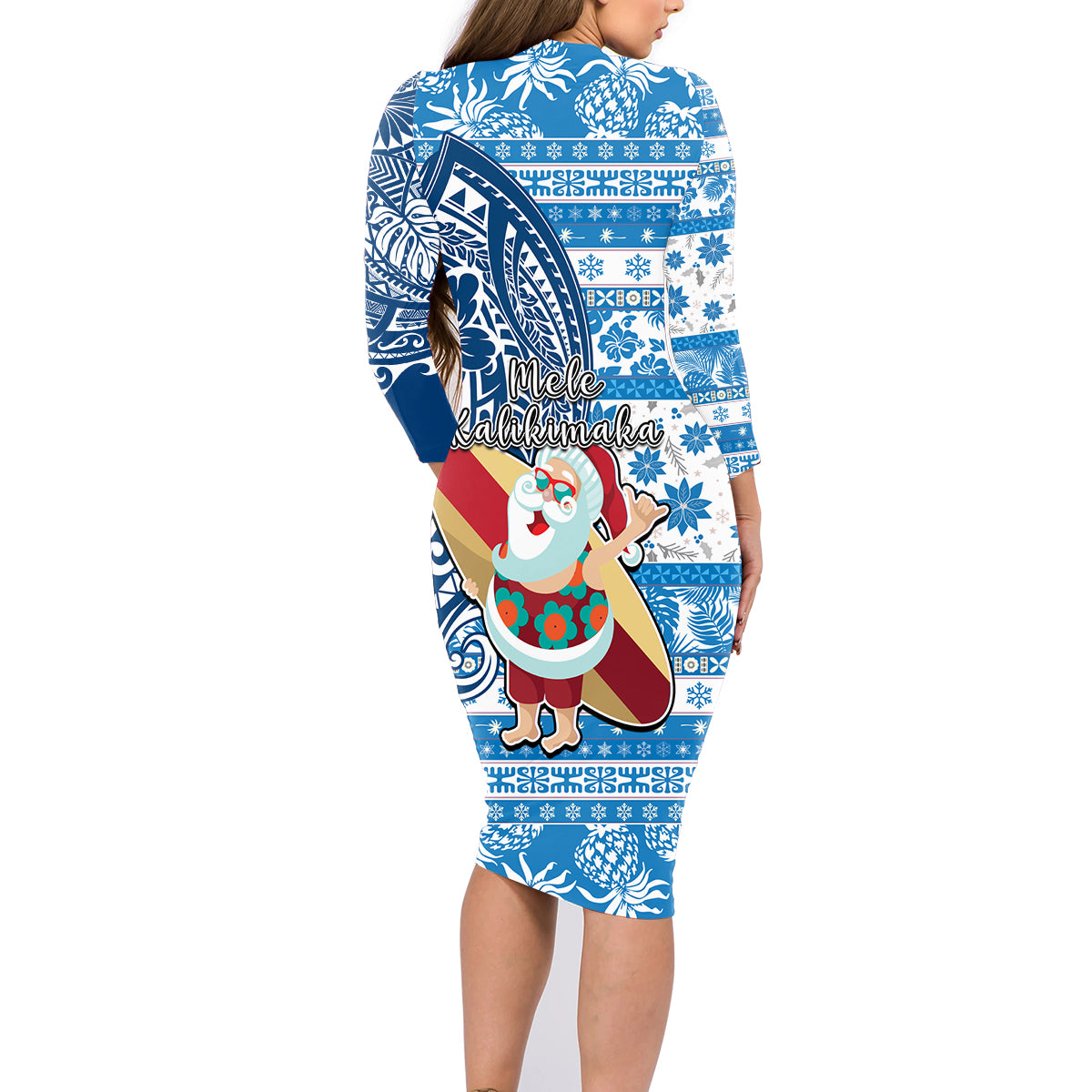 Hawaii Mele Kalikimaka Family Matching Long Sleeve Bodycon Dress and Hawaiian Shirt Santa Claus Surfing with Hawaiian Pattern Striped Blue Style LT03 - Polynesian Pride