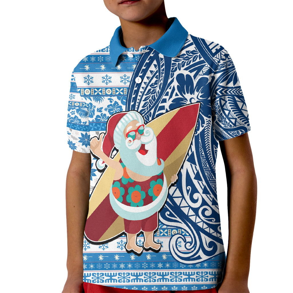 Hawaii Mele Kalikimaka Kid Polo Shirt Santa Claus Surfing with Hawaiian Pattern Striped Blue Style LT03 Kid Blue - Polynesian Pride