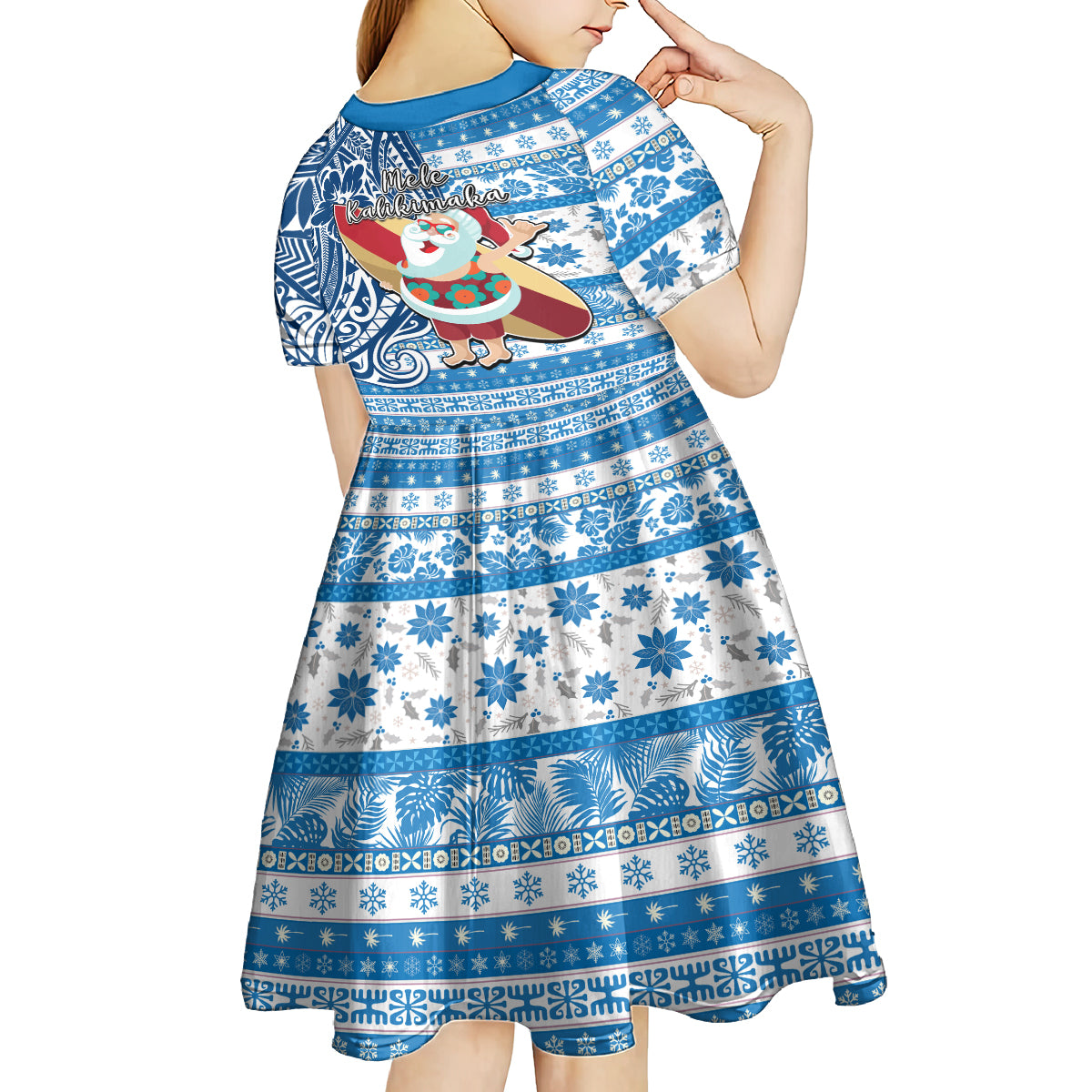Hawaii Mele Kalikimaka Kid Short Sleeve Dress Santa Claus Surfing with Hawaiian Pattern Striped Blue Style LT03 - Polynesian Pride