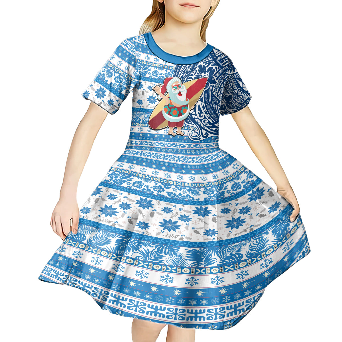 Hawaii Mele Kalikimaka Kid Short Sleeve Dress Santa Claus Surfing with Hawaiian Pattern Striped Blue Style LT03 - Polynesian Pride