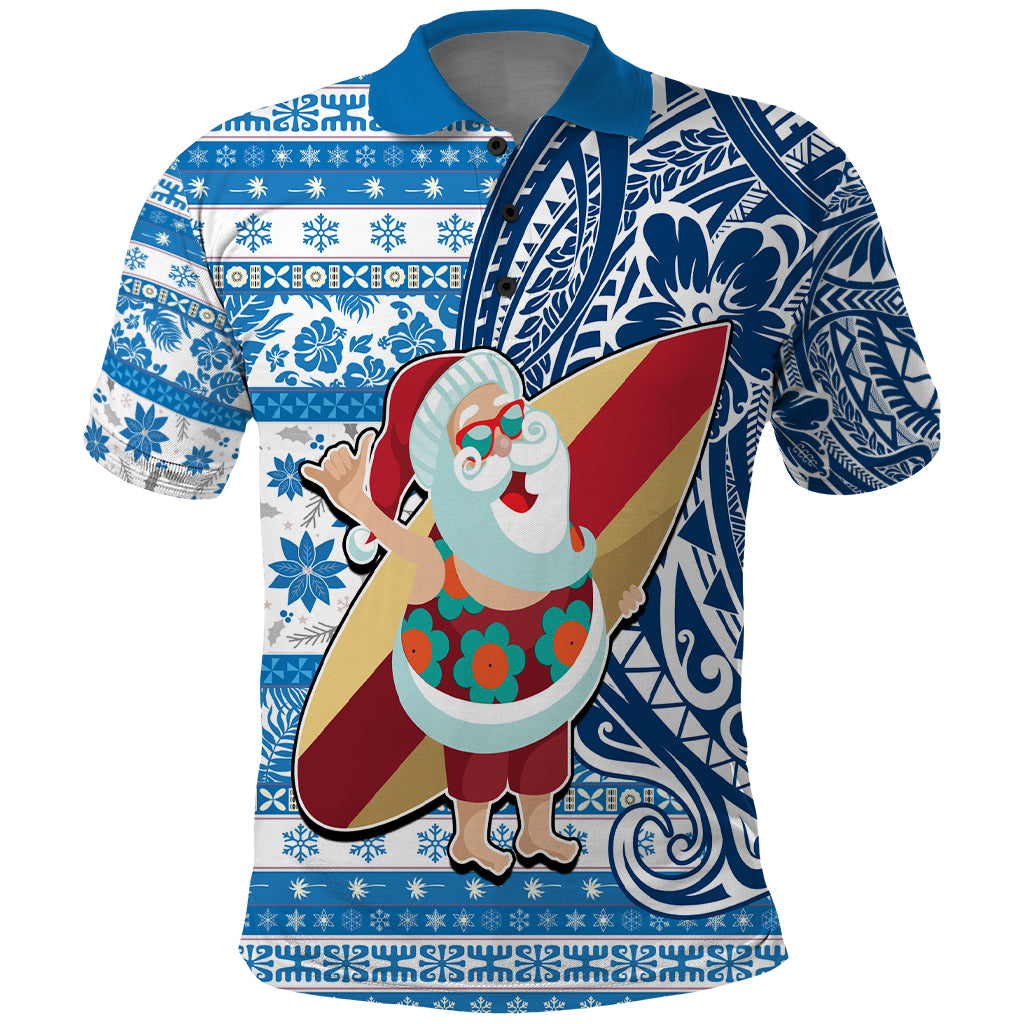 Hawaii Mele Kalikimaka Polo Shirt Santa Claus Surfing with Hawaiian Pattern Striped Blue Style LT03 Blue - Polynesian Pride