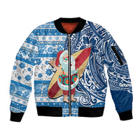 Hawaii Mele Kalikimaka Sleeve Zip Bomber Jacket Santa Claus Surfing with Hawaiian Pattern Striped Blue Style LT03 Unisex Blue - Polynesian Pride