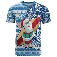 Hawaii Mele Kalikimaka T Shirt Santa Claus Surfing with Hawaiian Pattern Striped Blue Style LT03 Blue - Polynesian Pride