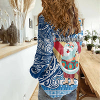 Hawaii Mele Kalikimaka Women Casual Shirt Santa Claus Surfing with Hawaiian Pattern Striped Blue Style LT03 - Polynesian Pride