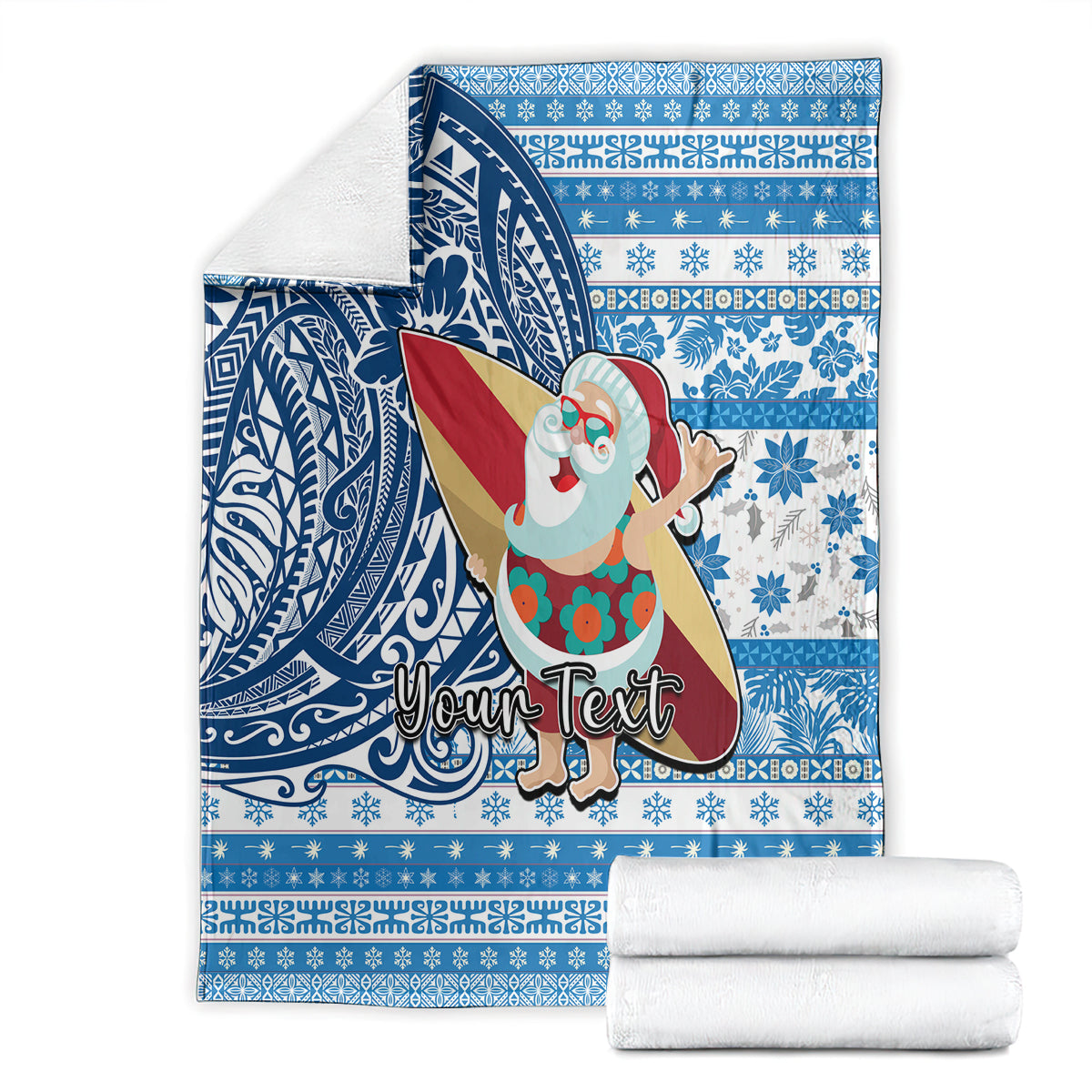Custom Hawaii Mele Kalikimaka Blanket Santa Claus Surfing with Hawaiian Pattern Striped Blue Style LT03 - Polynesian Pride