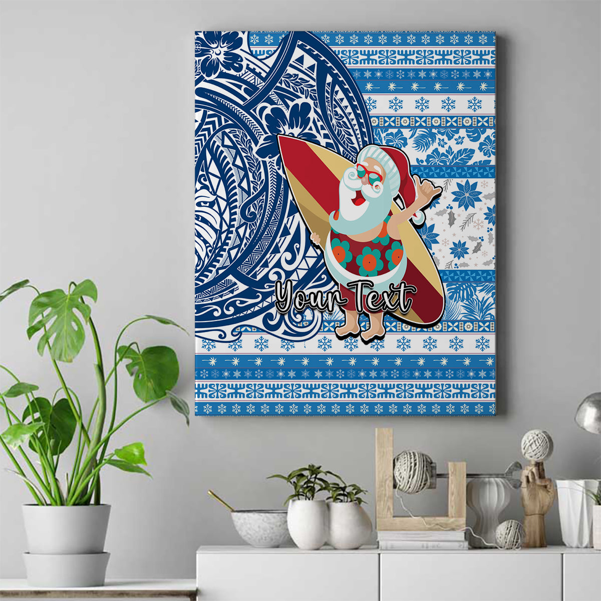 Custom Hawaii Mele Kalikimaka Canvas Wall Art Santa Claus Surfing with Hawaiian Pattern Striped Blue Style LT03 Blue - Polynesian Pride