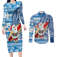 Custom Hawaii Mele Kalikimaka Couples Matching Long Sleeve Bodycon Dress and Long Sleeve Button Shirt Santa Claus Surfing with Hawaiian Pattern Striped Blue Style LT03 Blue - Polynesian Pride
