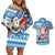 Custom Hawaii Mele Kalikimaka Couples Matching Off Shoulder Short Dress and Hawaiian Shirt Santa Claus Surfing with Hawaiian Pattern Striped Blue Style LT03 Blue - Polynesian Pride