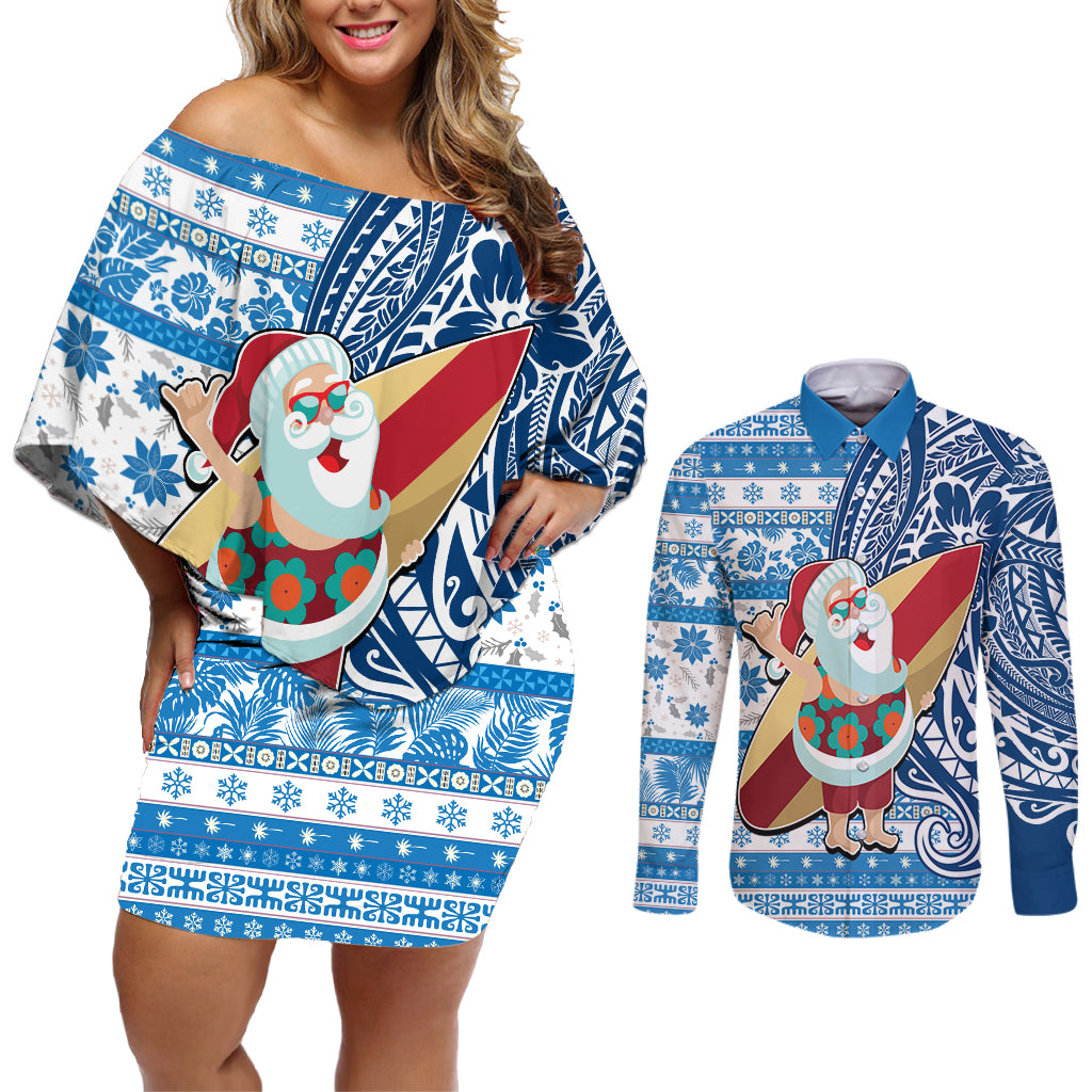 Custom Hawaii Mele Kalikimaka Couples Matching Off Shoulder Short Dress and Long Sleeve Button Shirt Santa Claus Surfing with Hawaiian Pattern Striped Blue Style LT03 Blue - Polynesian Pride