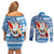 Custom Hawaii Mele Kalikimaka Couples Matching Off Shoulder Short Dress and Long Sleeve Button Shirt Santa Claus Surfing with Hawaiian Pattern Striped Blue Style LT03 - Polynesian Pride