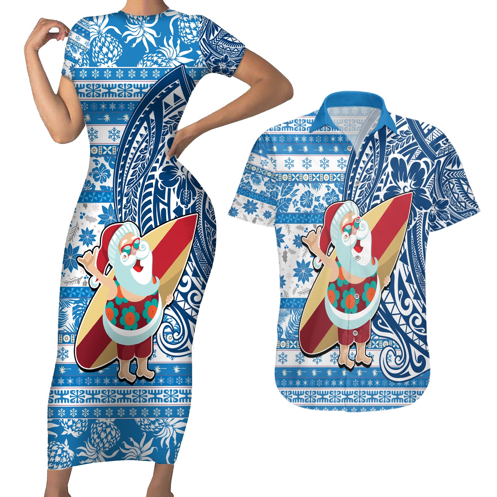 Custom Hawaii Mele Kalikimaka Couples Matching Short Sleeve Bodycon Dress and Hawaiian Shirt Santa Claus Surfing with Hawaiian Pattern Striped Blue Style LT03 Blue - Polynesian Pride