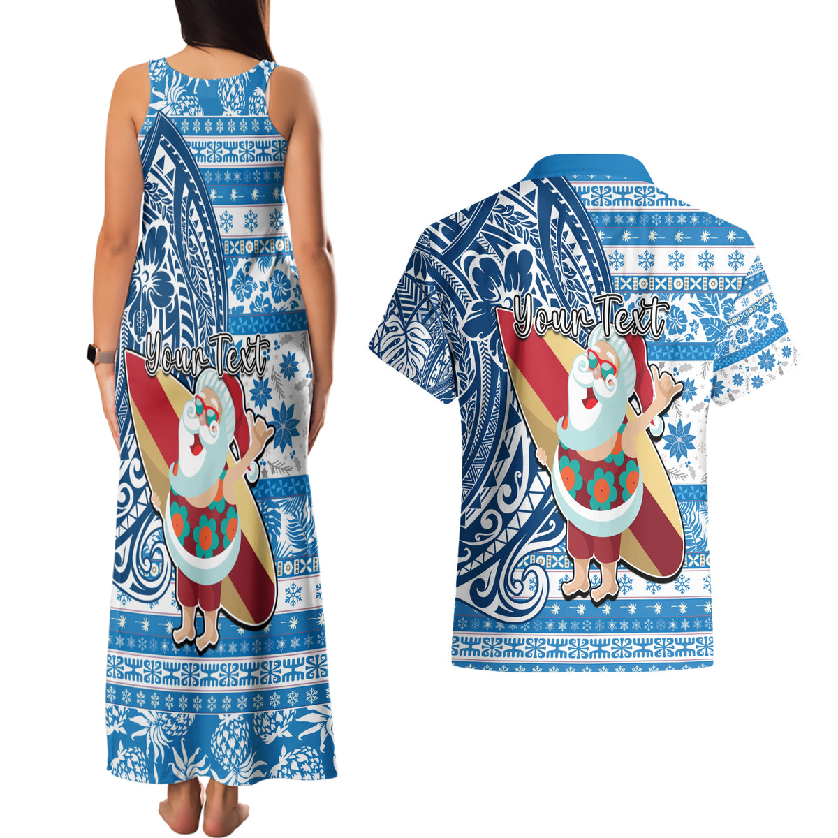 Custom Hawaii Mele Kalikimaka Couples Matching Tank Maxi Dress and Hawaiian Shirt Santa Claus Surfing with Hawaiian Pattern Striped Blue Style LT03 - Polynesian Pride