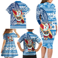 Custom Hawaii Mele Kalikimaka Family Matching Long Sleeve Bodycon Dress and Hawaiian Shirt Santa Claus Surfing with Hawaiian Pattern Striped Blue Style LT03 - Polynesian Pride