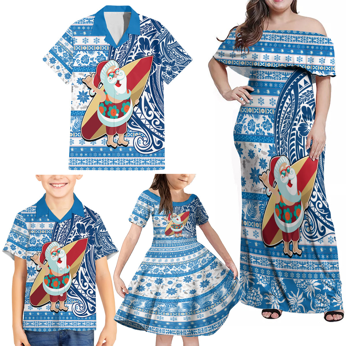 Custom Hawaii Mele Kalikimaka Family Matching Off Shoulder Maxi Dress and Hawaiian Shirt Santa Claus Surfing with Hawaiian Pattern Striped Blue Style LT03 - Polynesian Pride