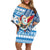 Custom Hawaii Mele Kalikimaka Family Matching Off Shoulder Short Dress and Hawaiian Shirt Santa Claus Surfing with Hawaiian Pattern Striped Blue Style LT03 Mom's Dress Blue - Polynesian Pride