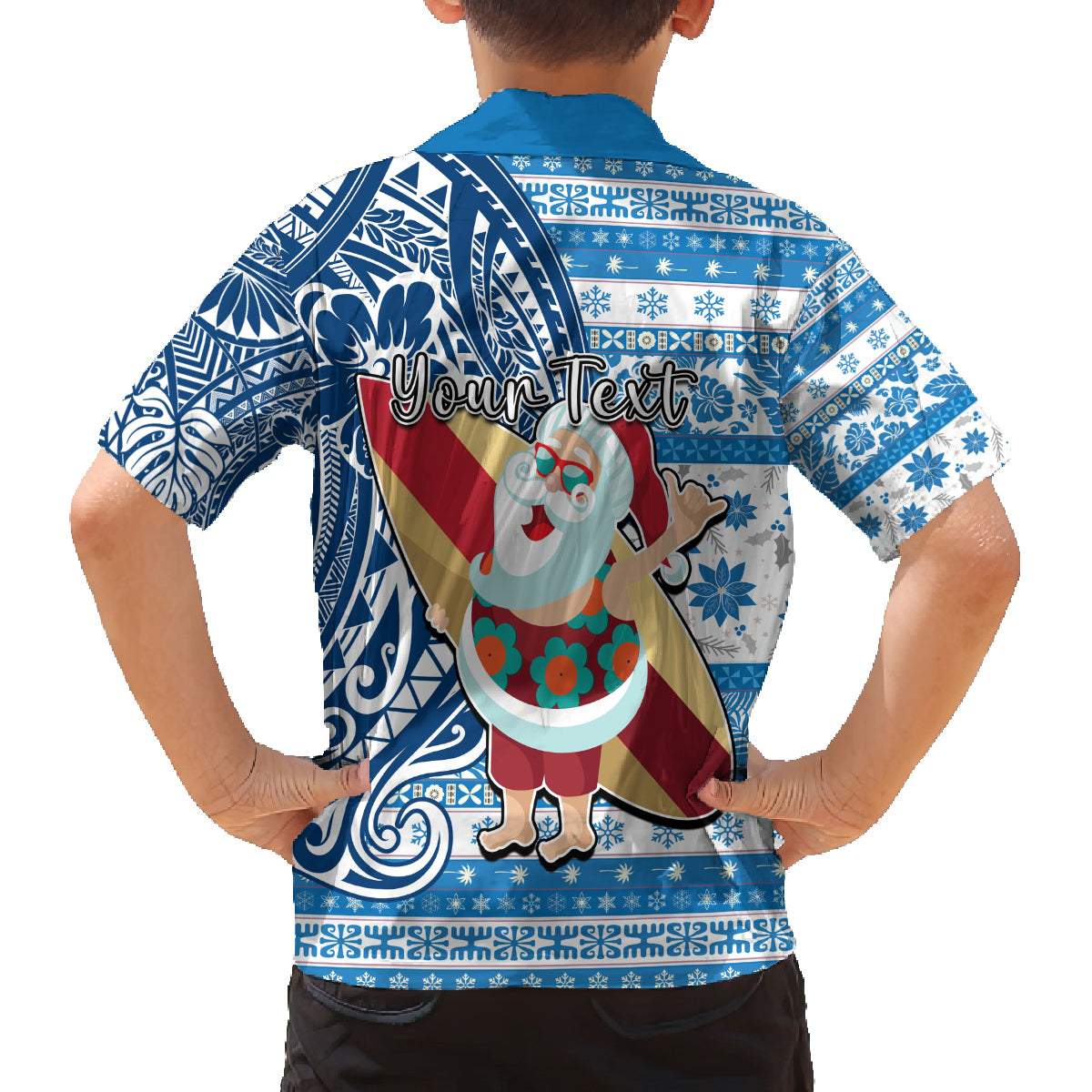 Custom Hawaii Mele Kalikimaka Family Matching Puletasi Dress and Hawaiian Shirt Santa Claus Surfing with Hawaiian Pattern Striped Blue Style LT03 - Polynesian Pride