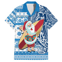 Custom Hawaii Mele Kalikimaka Family Matching Short Sleeve Bodycon Dress and Hawaiian Shirt Santa Claus Surfing with Hawaiian Pattern Striped Blue Style LT03 Dad's Shirt - Short Sleeve Blue - Polynesian Pride