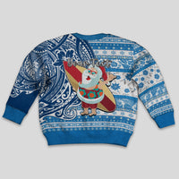 Custom Hawaii Mele Kalikimaka Kid Ugly Christmas Sweater Santa Claus Surfing with Hawaiian Pattern Striped Blue Style LT03 - Polynesian Pride