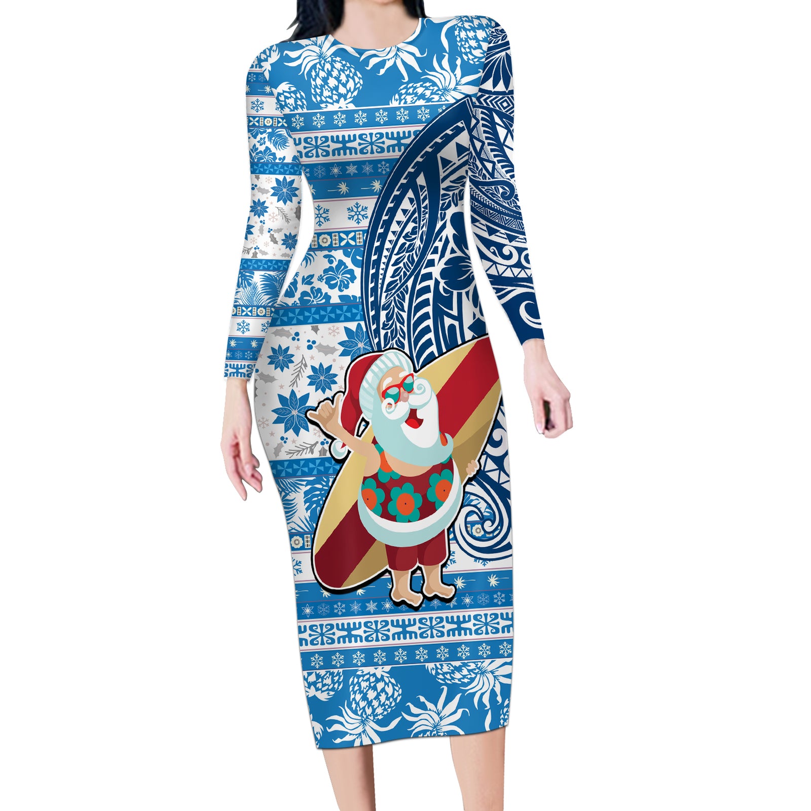 Custom Hawaii Mele Kalikimaka Long Sleeve Bodycon Dress Santa Claus Surfing with Hawaiian Pattern Striped Blue Style LT03 Long Dress Blue - Polynesian Pride