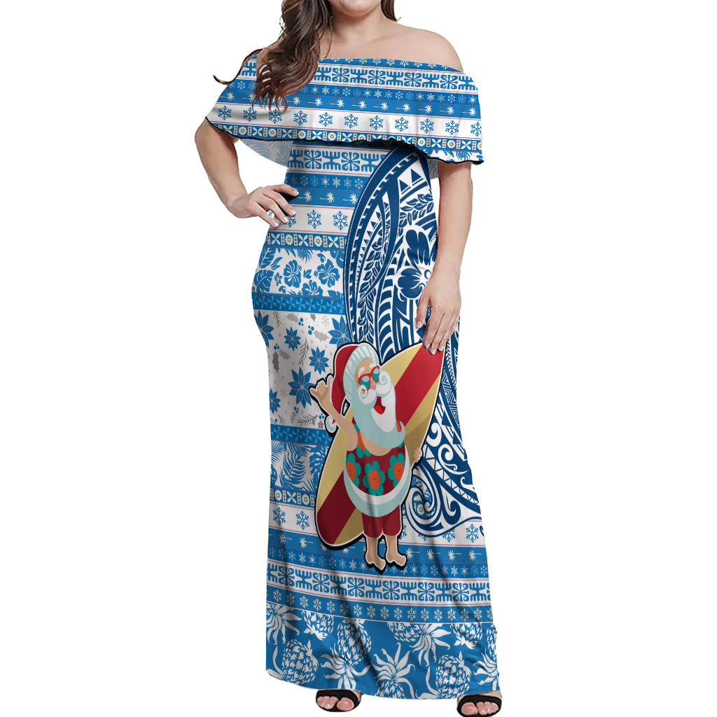 Custom Hawaii Mele Kalikimaka Off Shoulder Maxi Dress Santa Claus Surfing with Hawaiian Pattern Striped Blue Style LT03 Women Blue - Polynesian Pride