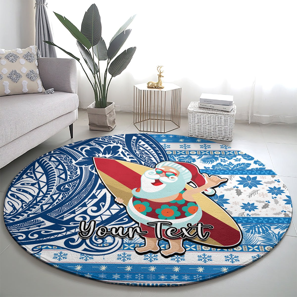 Custom Hawaii Mele Kalikimaka Round Carpet Santa Claus Surfing with Hawaiian Pattern Striped Blue Style LT03 - Polynesian Pride