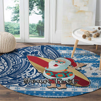 Custom Hawaii Mele Kalikimaka Round Carpet Santa Claus Surfing with Hawaiian Pattern Striped Blue Style LT03 - Polynesian Pride