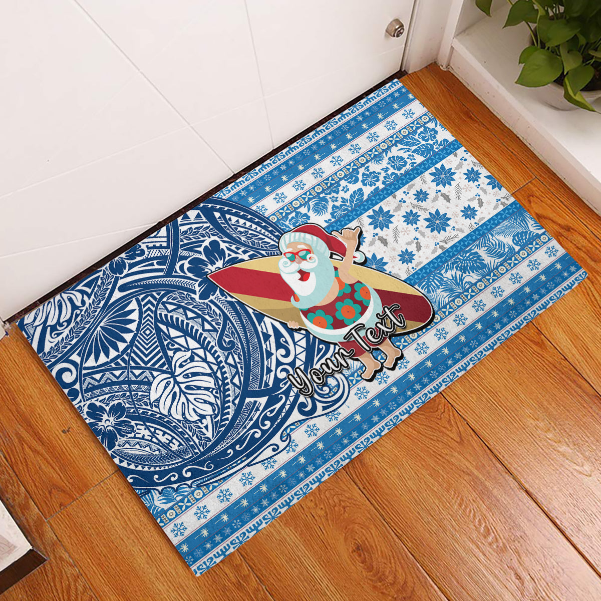 Custom Hawaii Mele Kalikimaka Rubber Doormat Santa Claus Surfing with Hawaiian Pattern Striped Blue Style LT03 Blue - Polynesian Pride