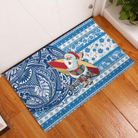 Custom Hawaii Mele Kalikimaka Rubber Doormat Santa Claus Surfing with Hawaiian Pattern Striped Blue Style LT03 Blue - Polynesian Pride