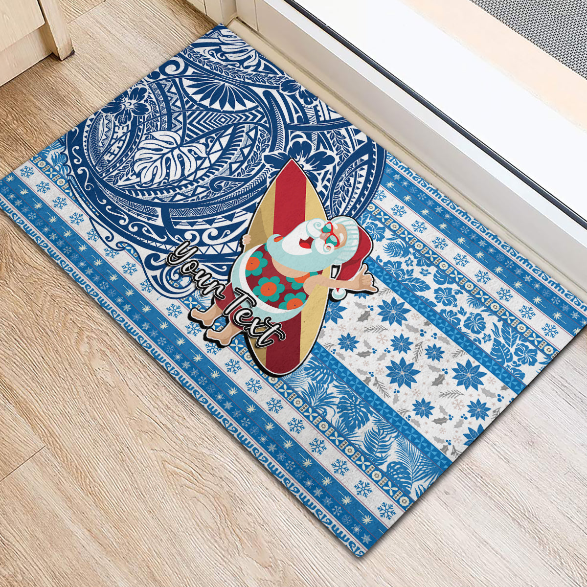 Custom Hawaii Mele Kalikimaka Rubber Doormat Santa Claus Surfing with Hawaiian Pattern Striped Blue Style LT03 - Polynesian Pride