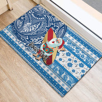 Custom Hawaii Mele Kalikimaka Rubber Doormat Santa Claus Surfing with Hawaiian Pattern Striped Blue Style LT03 - Polynesian Pride