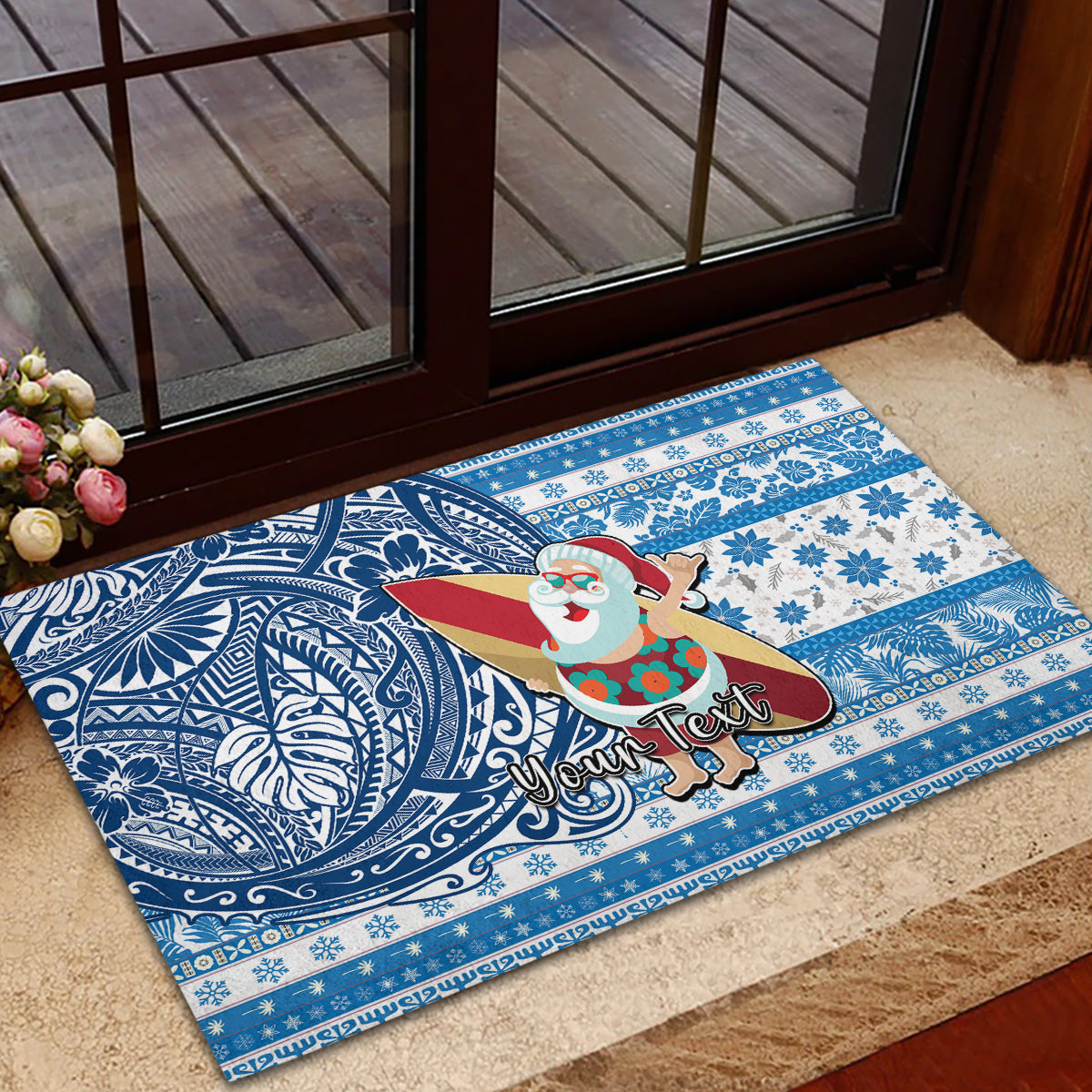 Custom Hawaii Mele Kalikimaka Rubber Doormat Santa Claus Surfing with Hawaiian Pattern Striped Blue Style LT03 - Polynesian Pride