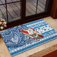 Custom Hawaii Mele Kalikimaka Rubber Doormat Santa Claus Surfing with Hawaiian Pattern Striped Blue Style LT03 - Polynesian Pride