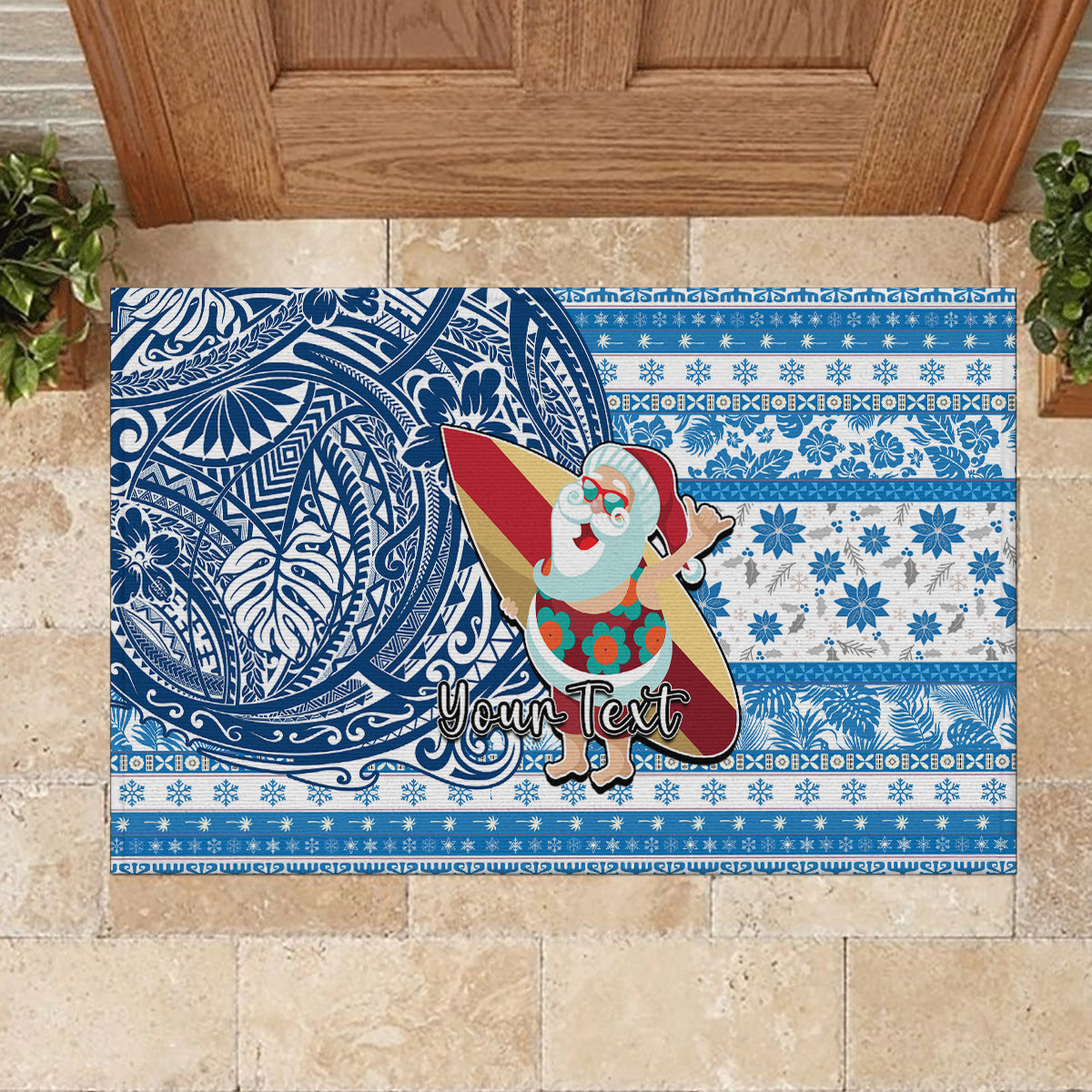 Custom Hawaii Mele Kalikimaka Rubber Doormat Santa Claus Surfing with Hawaiian Pattern Striped Blue Style LT03 - Polynesian Pride