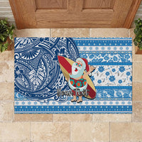 Custom Hawaii Mele Kalikimaka Rubber Doormat Santa Claus Surfing with Hawaiian Pattern Striped Blue Style LT03 - Polynesian Pride
